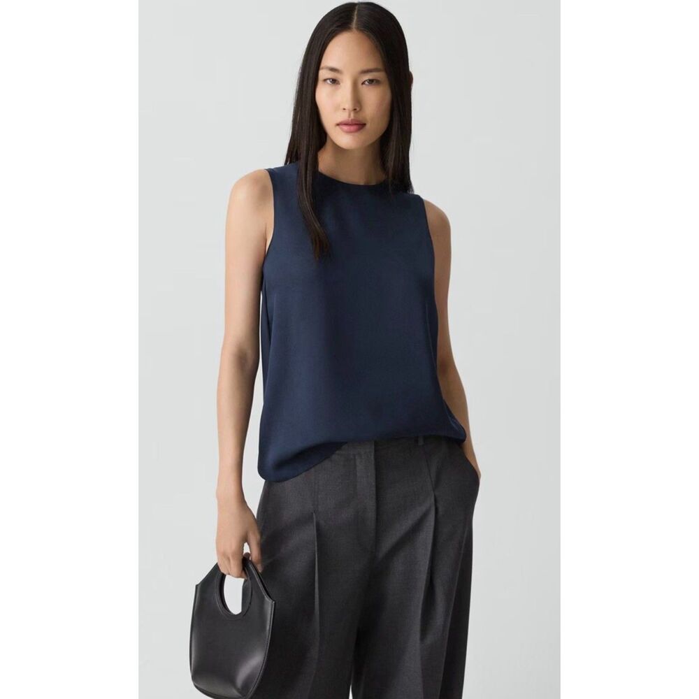 Theory Navy Blue Shell Top in Silk Georgette L $195